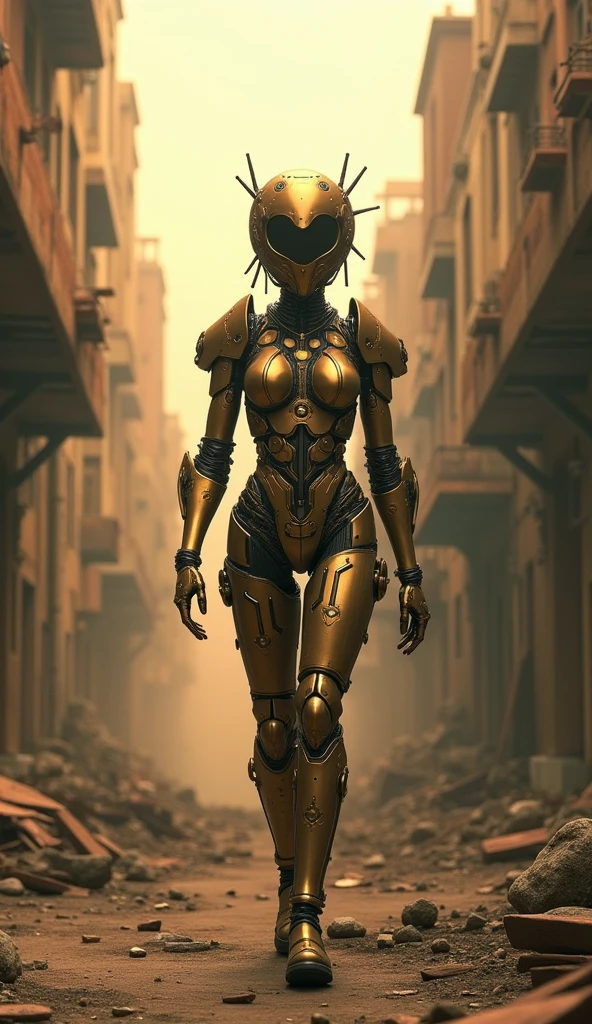 Create an image in 9:16 aspect ratio of a majestic cyborg lady with the body made of materials of steampunk origin and shaped like a female human body and on the head wearing a steampunk helmet, walking in an abandoned steampunk city at the golden hour, full body shot, 16k