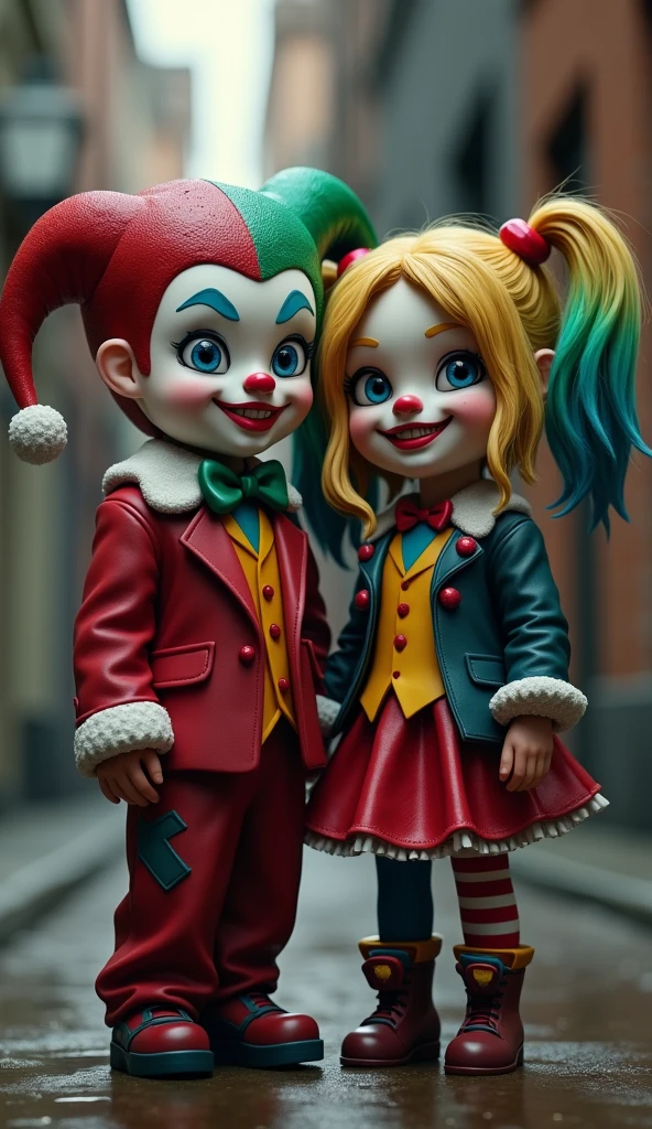 I need a female doll, dressed and made up like a clown, she would have big brown hair And a boy dressed as a magician with a top hat he would also have brown hair, and short And the two would be kissing