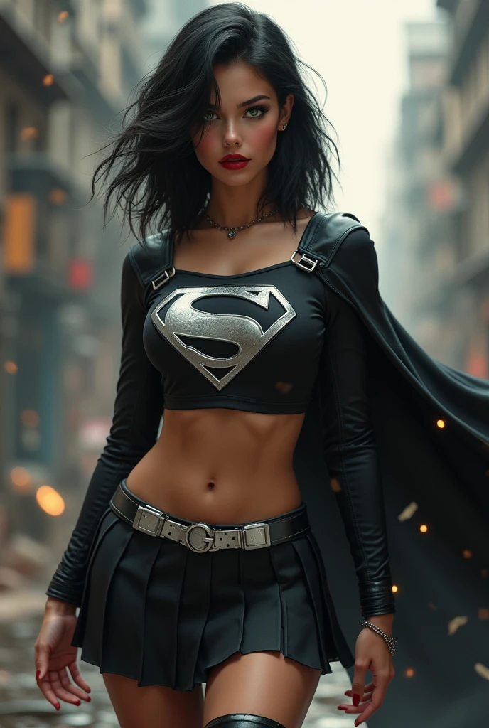 A BUSTY SEXY FEMALE WITH MEDIUM LONG MESSY BLACK HAIR, DREAMY GREEN EYES, WEARING A ONE PIECE BLACK SUPERGIRL TOP WITH A BIG SHINY SILVER "S" EMBLEM ON HER CHEST, A PLEATED SHORT BLACK SKIRT WITH A SILVER LEATHER BELT, LONG BLACK BOOTS WITH SILVER TRIM, AND A LONG BLACK CAPE. RED LIPSTICK, RED FINGERNAILS. INCREDIBLY DETAILED GLOWING SKIN, INCREDIBLEY DETAILED FACE, INCREDIDBLEY DETAILED CLOTHING, TEXTURED SKIN PORES, TEXTURED HAIR, 8K ABSURD RESOLUTION, MASTERPIECE. PHOTO REALSITIC, HYPER REALISTIC. CHAOTIC BACKGROUND. 16K RESOLUTION. PREFESSIONAL GRADE IMAGE.