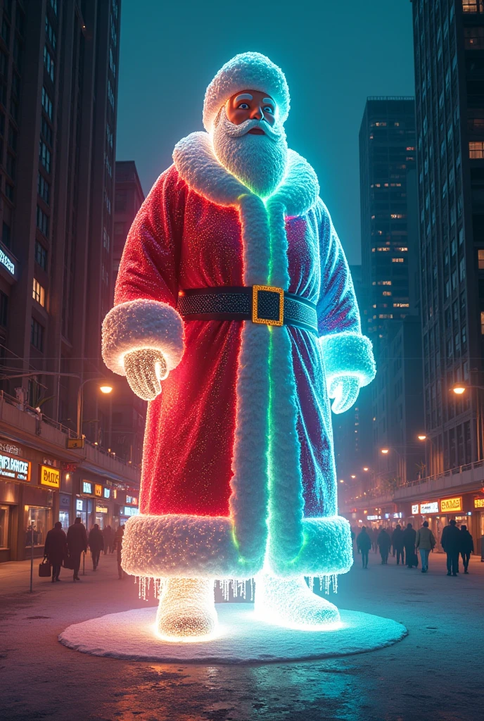 photorealistic image of a very realistic neon colored holographic statue of a giant Santa Claus, in the center of the city, image from above, (masterpiece: 1.4), (super high quality 8K), (very realistic)