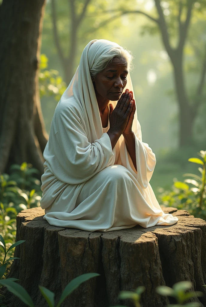 An elderly tribal Muslim woman offering Namaaz in the forest.