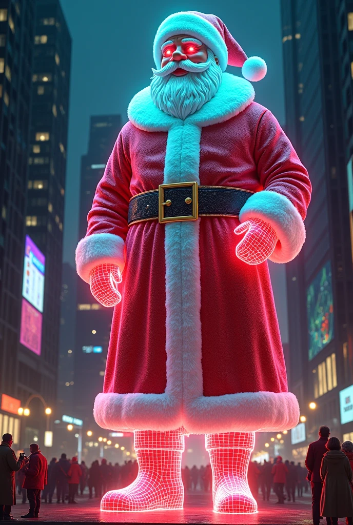 photorealistic image of a very realistic neon colored holographic statue of a giant Santa Claus, in the center of the city, image from above, (masterpiece: 1.4), (super high quality 8K), (very realistic)