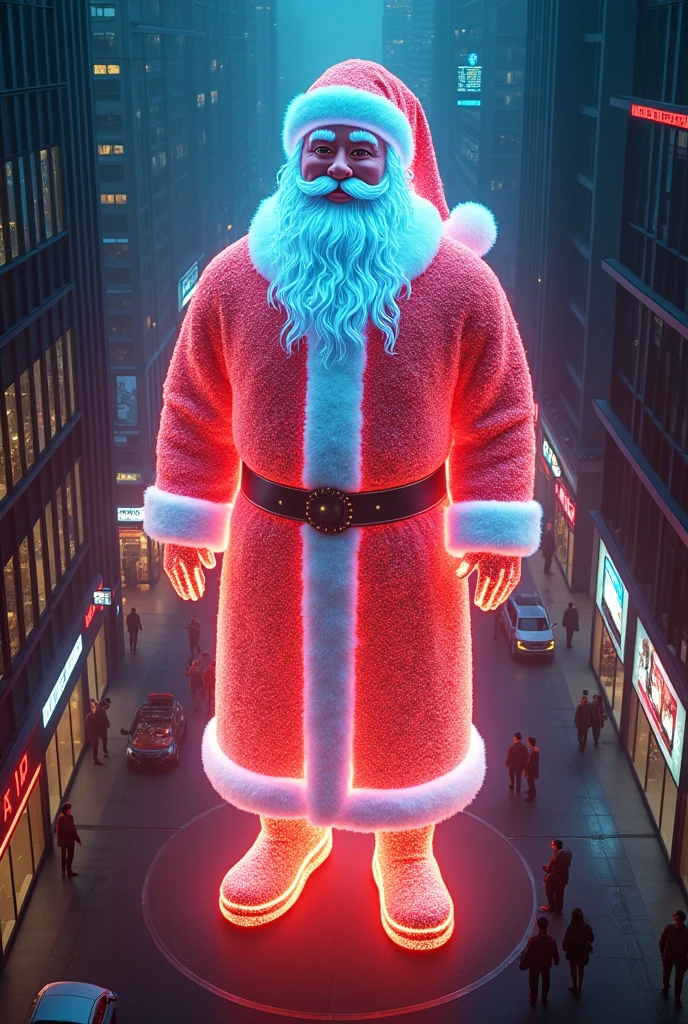 photorealistic image of a very realistic neon colored holographic statue of a giant Santa Claus, in the center of the city, image from above, (masterpiece: 1.4), (super high quality 8K), (very realistic)