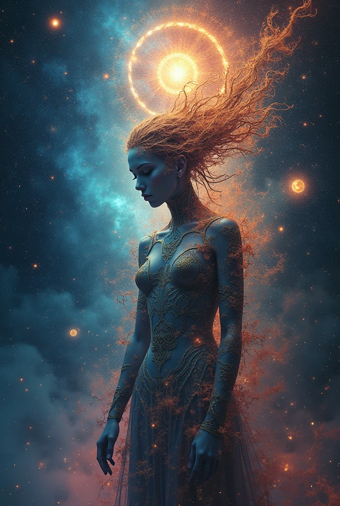 **Cosmic Fusion**
**Prompt:**
"Combine human figures with cosmic elements such as stars, planets, and galaxies in a highly detailed and realistic manner. Blend the human form seamlessly with celestial bodies, using realistic textures for the human figures and vibrant, detailed cosmic elements. Include a glowing, ethereal light source to emphasize the fusion of cosmic and human aspects, with realistic depth and clarity."
**Settings:**
- **Style:** Surrealism with high realism
- **Focus:** Seamless fusion of human and cosmic elements
- **Lighting:** Glowing, ethereal light with detailed cosmic highlights
- **Details:** High detail on both human figures and cosmic features