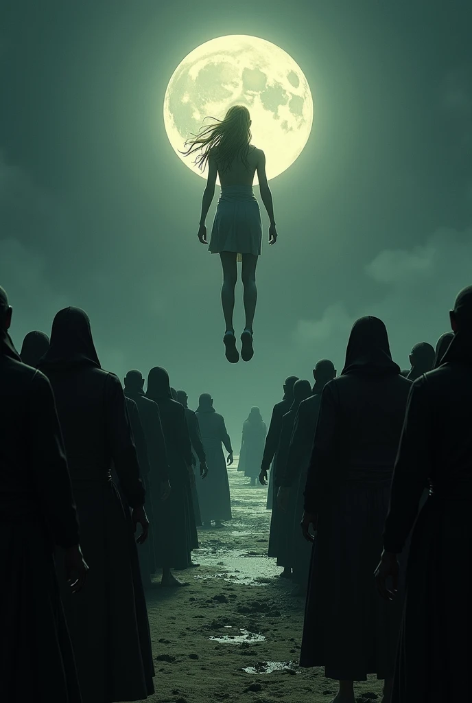 Horror movie poster of a sacrifice to a person in a cemetery and with people around