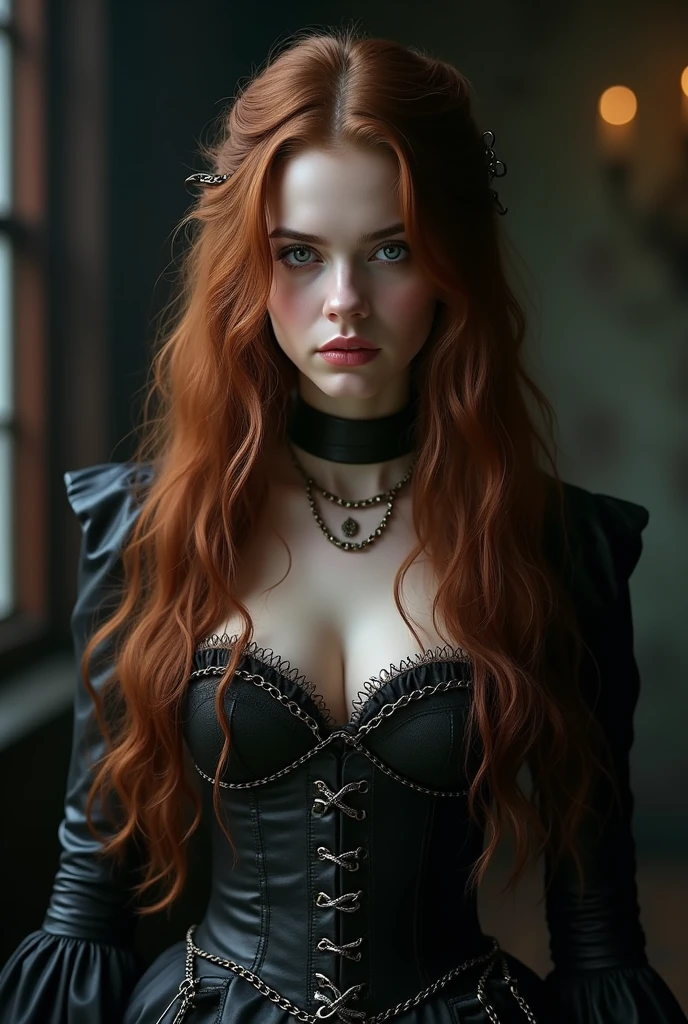 romantic gothic steampunk style, masterpiece, full color photo, best quality, 8k, artstation, sharp focus, ultrarealistic, high details, raw photo, long bright red hair, single braid , freckles, lace revealing body, amazing body, pronounced feminine feature, (redhead:0.4), (photorealistic:1.3), (highest quality:1.3), (film grain:1.3),  ( world's best photography:1.3), (professional Photo:1.3), (detailed details:1.3), (cinematic light:1.3), ( cinematic color:1.3), maximum depth of field, film photography, ( intricate details:1), (hyperdetailed:1), (((SFW))) looking into the camera, sitting on old street, gothic steampunk 1800s, (megan fox:0.6) (Jessica Simpson:0.6) golden hour, light in her eyes, glamour face