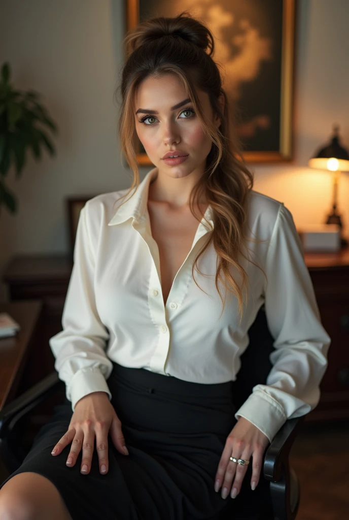 professional close-up portrait photography of a Girls-Next-Door_Annie, working in office cubicle, wearing a white formal (satin:1.3) (shirt:1.3), ultra-detailed, photorealistic, taken with Sony A7 IV, sharp focus, 16k UHD, masterpiece, employee of the month