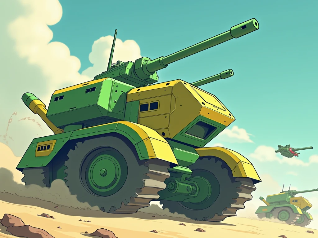 goofy popped color, sky, cloud, war vehicle, outdoors, vehicle focus, no humans, motor vehicle, blue sky, day, war tank<lora:goofy popped color:0.7>