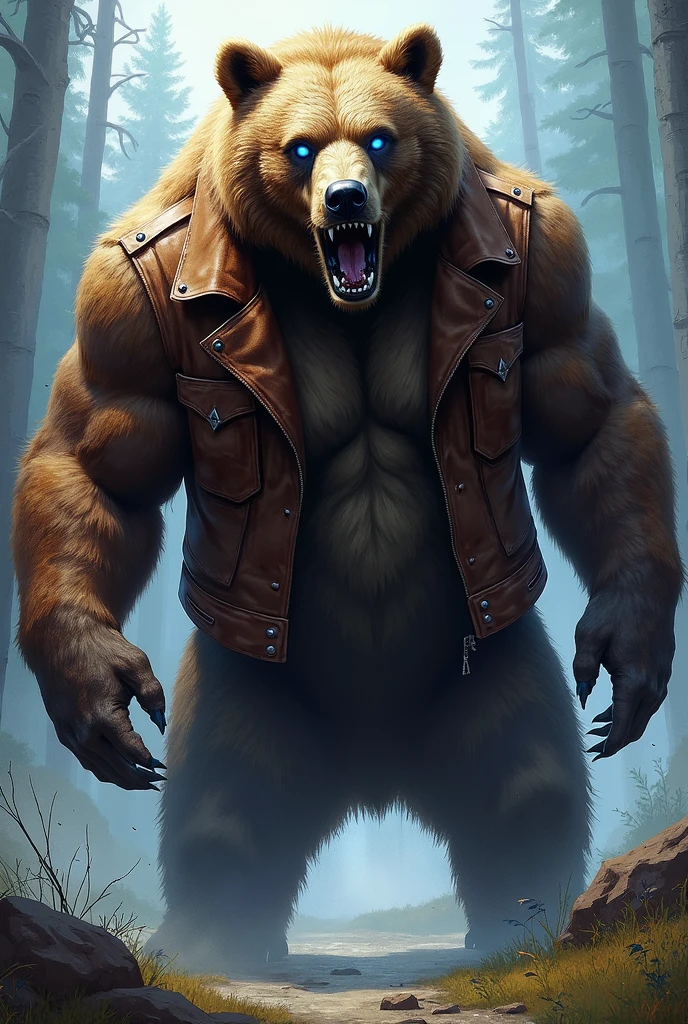 Big wide mafia bear in leather jacket with sleeves entering a man's body