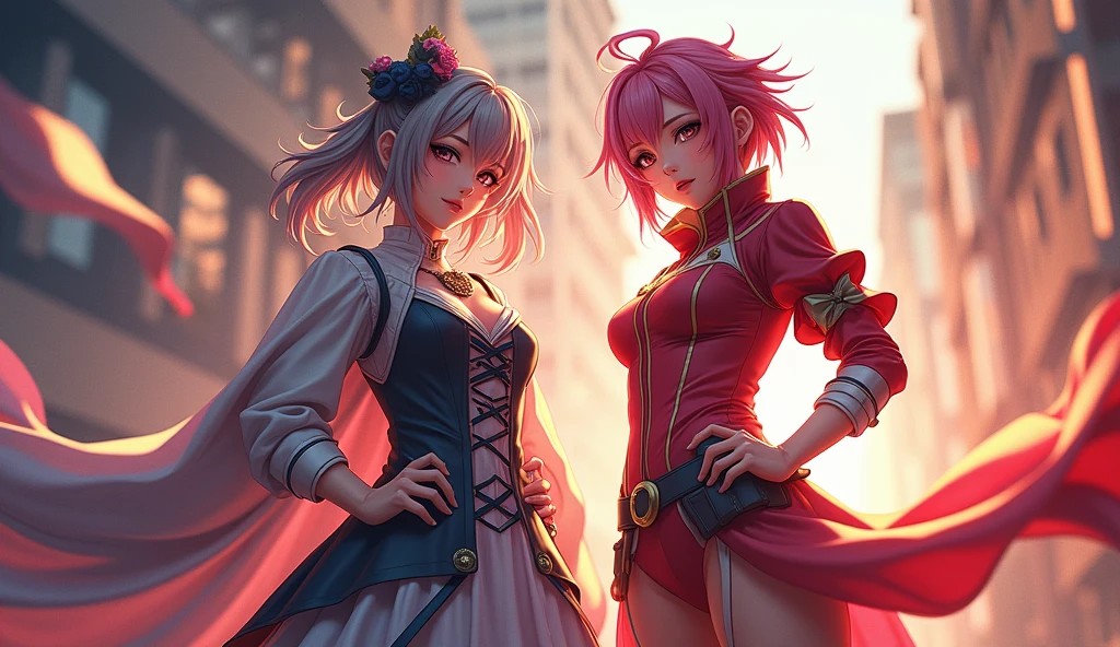 absurdres, highres, ultra detailed, HDR, masterpiece, Haruno Sakura, pink hair, expressive green eyes, Naruto Shippuden, Ino Yamanaka, blond hair, expressive blue eyes, two women together, couple, beautiful, red clothes, purple clothes, magical, fantasy, water, blue moon, starry, blue fireflies, blue flowers