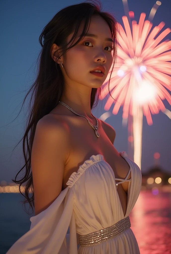 Beautiful Girl, Korean makeup, black hair, thigh, Red lips, nude, cảnh quang bên sông, fireworks,