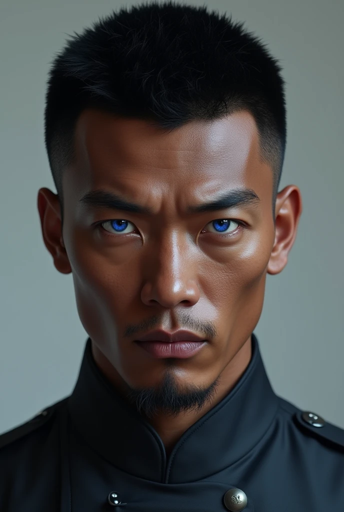 Realistic black skinned Chinese man with blue eyes - SeaArt AI