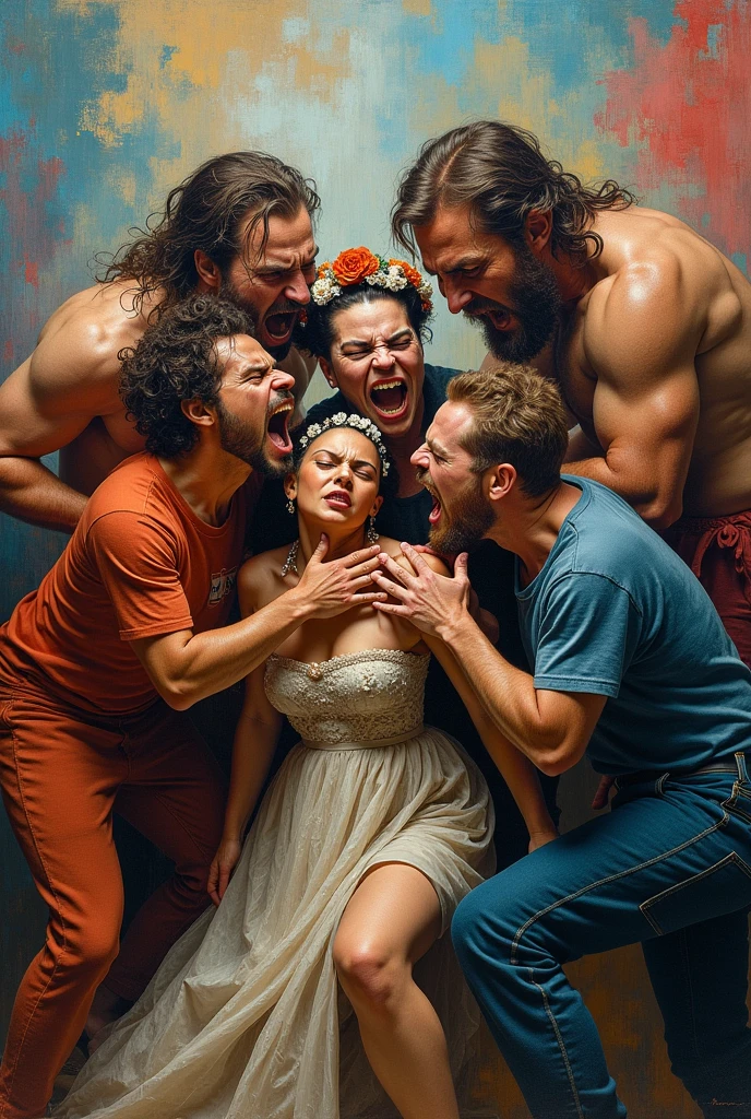 white tight office suit, mini pleated skirt,
big breasted
full body look,
wet body,
crying face female,
Surrender female,
white high heels,
aged 27,
Long ponytails hair female,
standing solo beautiful female,
female tied up by group of men,
very close distance from group of men,
attacked by group of men,
fucked from behind by group of men,
raped by group of men,
crowded by group of men,
crowded from front back up down side group of men,
crushed by group of men,
overlapped by group of men,
hug by group of men,
humiliated by group of men,
bullied by group of men,
bearhug by group of men,
fingering by group of men,
forced by group of men,
submission by group of men,
force kissed by group of men,
touched by group of men,
fondled by group of men,
lifted by group of men,
groped by group of men,
manhandled by group of men,
torture by group of men,
violent by group of men,
licked by group of men,
held by group of men
surrounded by group of men,
full group of men,
in small room,
in corner,
ultra detailed,
ultra realistic,
cinematic lighting ,
Highest quality,
8k wallpaper