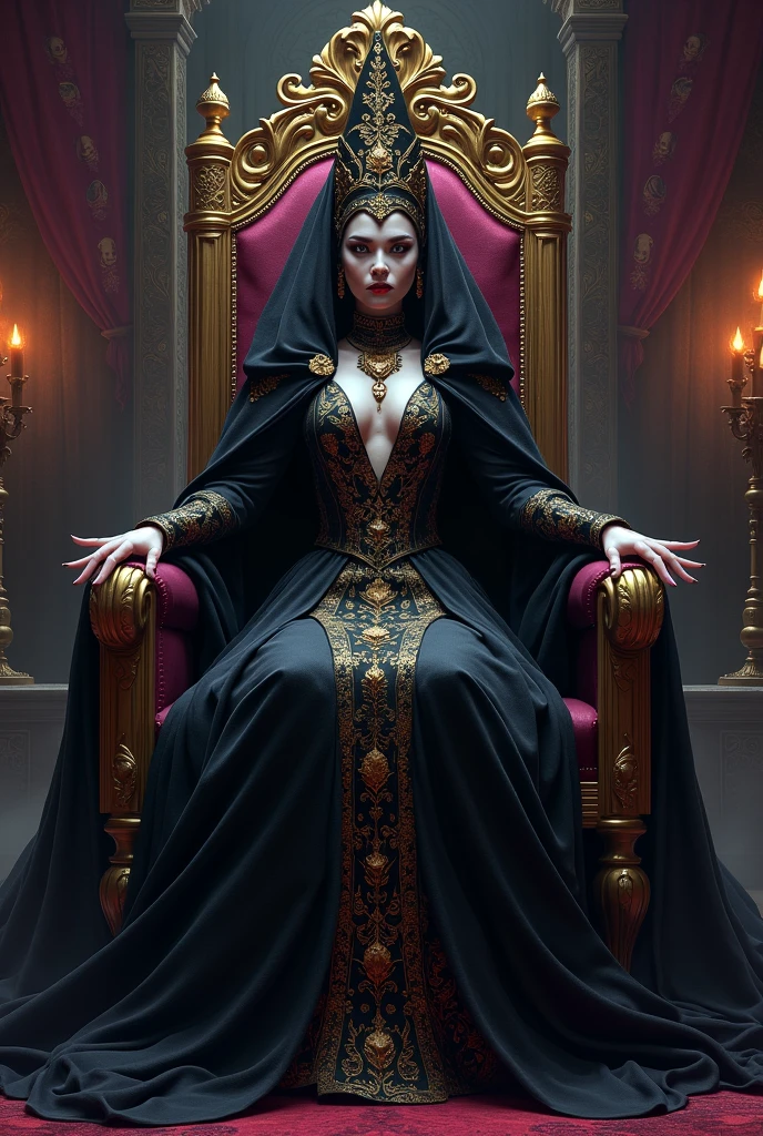An evil queen woman sitting on a throne in the center of a village, near the throne the unusual looking inhabitants of the village, the woman is facing the camera with a sinister and mysterious smile,High Resolution, surreal inhabitants, , High Resolution, Anatomically Correct, Best Quality, Super Detailed, From Above