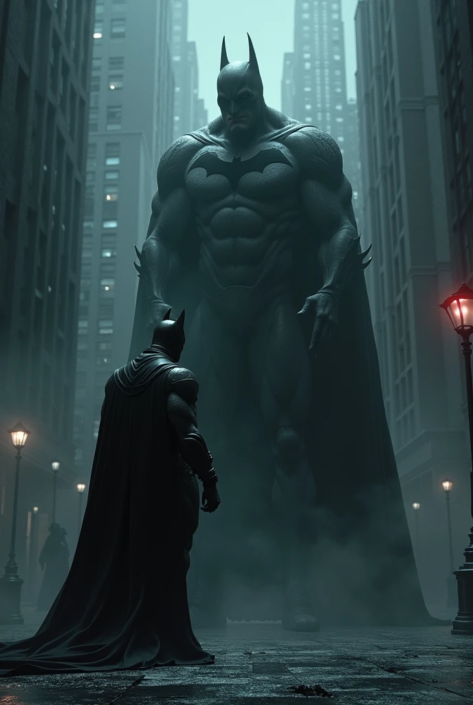 Batman watching the Batman Who Laughs in the sky between smoke