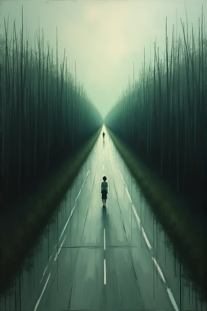  A painting with irregular lines that express sadness and loneliness,  painted with muted colors ,  and showing an elongated road , straight and desolate ,  surrounded by a bunch of dark green trees 
