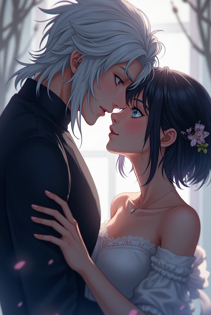 ke (((1male white hair people:Piercing in the left ear,、tall、tall、Tall、a handsome、refreshing、burly)))、(((1female blue hair:Long、short、Best style、F-cup、See-through sexy dress、Beautuful Women)))、((((a couple))))、{(Best Quality, 8K, masutepiece, nffsw, Soft lighting, image perfect, Digital Illustration, manhwa art, super detailed image, Perfect lines, )} พื้นหลังโบสถ์