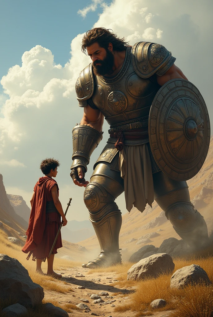 On the battlefield, David, a young black man dressed in his simple shepherd's robe, stands facing Goliath, a black giant covered in shining bronze armor. David spins his sling with an expression of absolute determination, ready to throw the stone. Goliath, much larger in size, approaches with a fierce expression, holding his giant sword and raising his shield. The surrounding scenery is arid and dusty, with low hills . The lighting is dramatic, with rays of sunlight piercing the dark clouds, highlighting the critical moment of the confrontation. The characters are drawn in a style that mixes realism and fantasy, with expressive features and an intense color palette, evoking the epic feel of the scene, in Disney Pixar style.