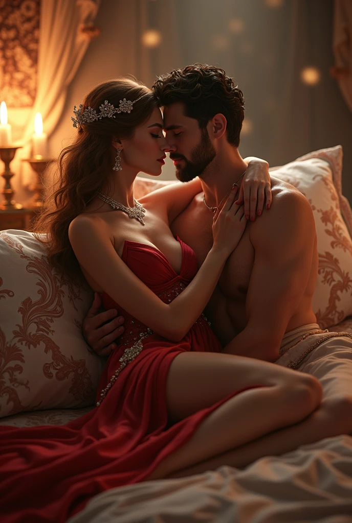 illustrates a 50 year old king kissing his wife on his bed 