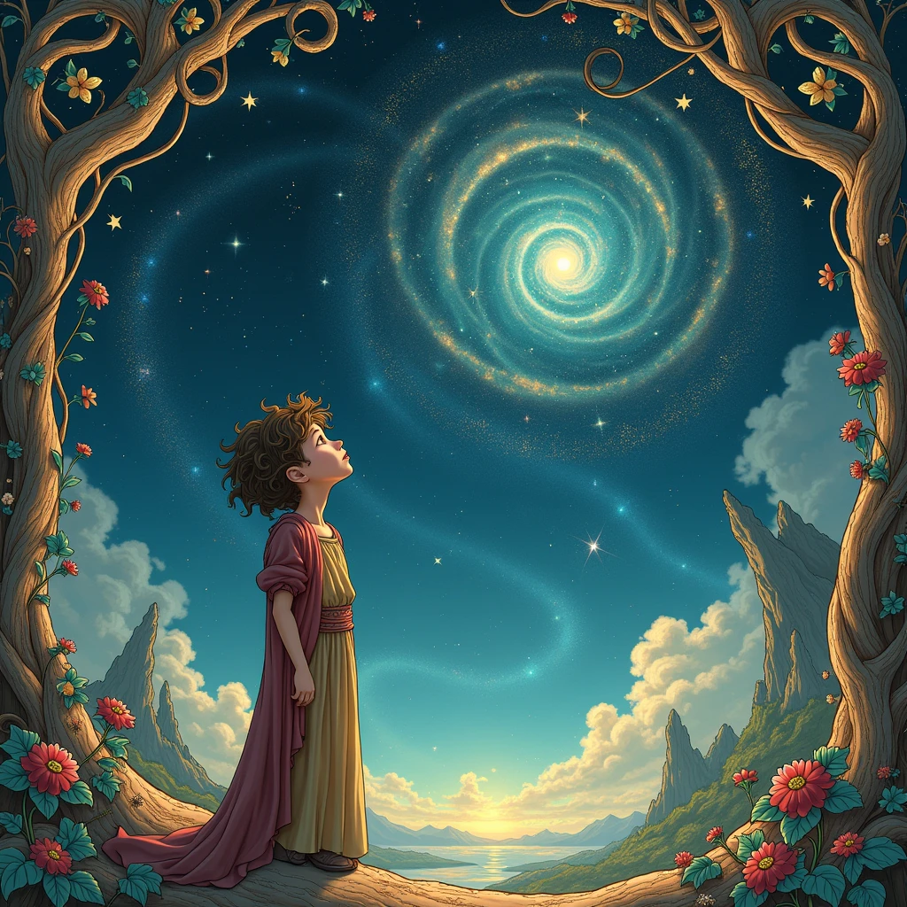 Art Nouveau, A young wizard watching the stars, Cosmic, Universe