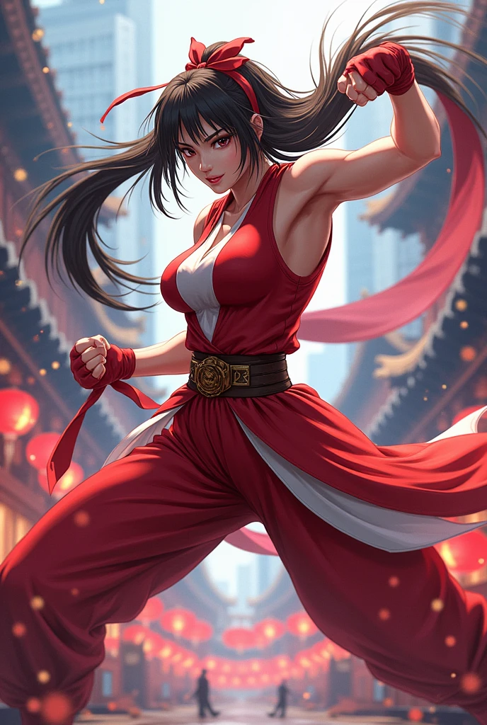 Japanese woman, gorgeous face, hair tied in bun, maria chiquinha, black hair, straight hair, caramelized brown eyes, red colored Chinese dress with neckline, thick thighs, large breasts, curvy, thin waist, white skin, red cloth armbands, red colored Chinese sneaker, ancient kingdom, medieval setting, fighting pose.