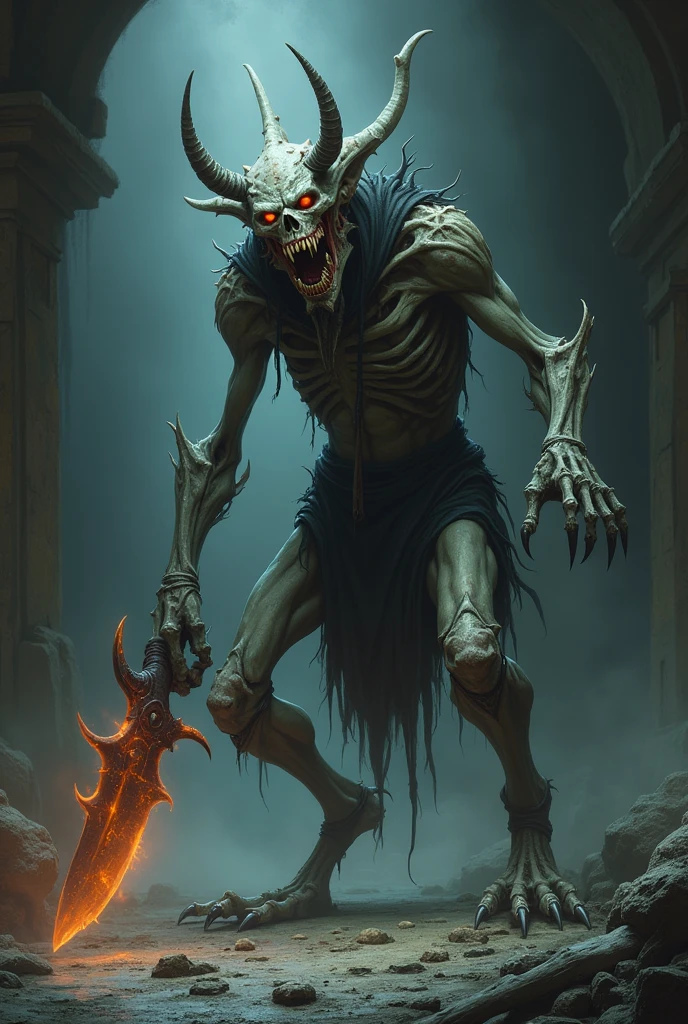 <lora:fiddlesticks-10:0.8> fiddlesticks holding a (scythe:1.4)  weapon,  ,1boy, male focus, legs,arms,hands, detailed face, monster ,teeth ,glowing eyes ,claws, no humans, portrait, solo, upper body, detailed background, detailed face, (<lora:StonepunkAI:0.8>, stonepunkAI, stone theme:1.1) (glowing fiery eyes:1.05),  (mouth open:0.65), elemental fiery  warrior, [heavy armor:molten rock:2], engulfed in flames, ruby gemstone, flowing lava, cracks,  dynamic pose,    firestorm in background, <lora:Fire_VFX:0.3>,  cinematic cataclysmic atmoshpere,   <lora:add_detail:1>,  <lora:GoodHands-vanilla:1>,
