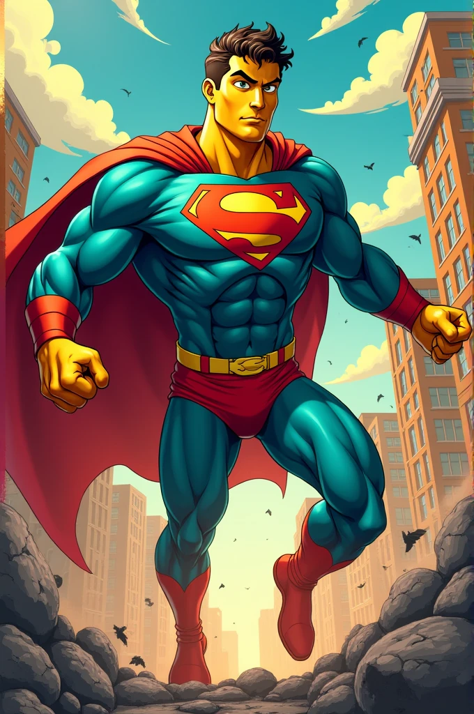 Create a superhero with the powers of Super Man ,Will you have curled short hair , eye color green, with a symbol on his chest representing capoeira, in a fight scene , with art inspired by The Simpsons