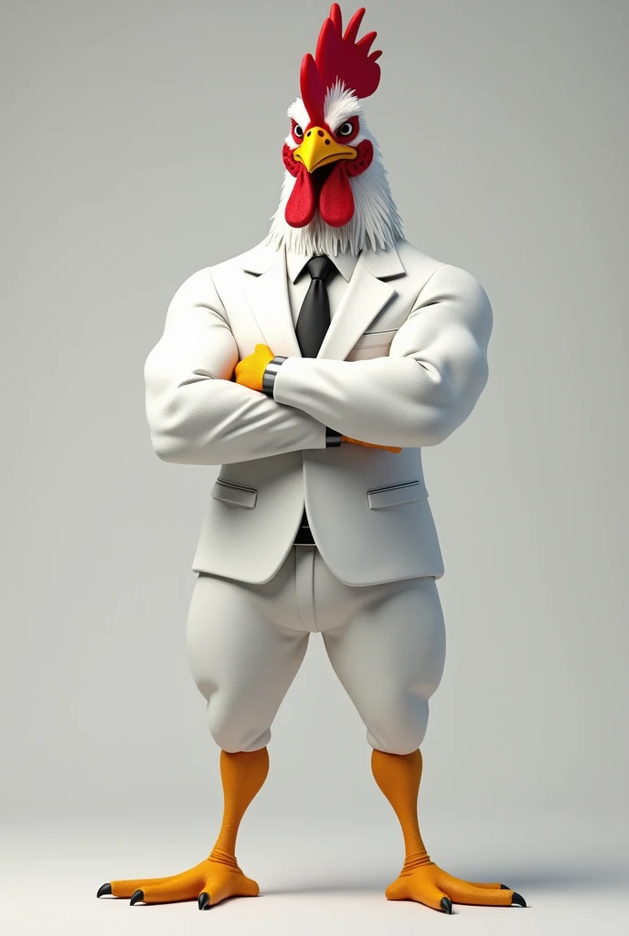 a picture of a rooster wearing a white suit holding a crutch and smoking a cigarette, also wearing glasses