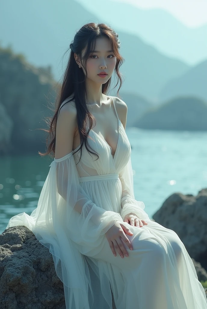 (masterpiece, best quality:1.2), 1girl, solo, ((gufeng,bare shoulders)), at the hilltop，Moonlight，((sitting position, sitting at the edge of a cliff)), figure of heroine，Slender sexy legs，very beautiful legs，Leaking sexy legs，Big breasts，beauty, mystery。脸庞beauty精致，Otherworldly beauty。The bridge of the nose is straight，Lip color like cherry，Confident and calm。face chiseled，Skin as fair as jade，Makeup is light and delicate，Show her temperament and charm。Light foundation, Transparency of skin，perfect eyebrow shape，eye makeup,eye shadow,Eyeliner，Eyes are brighter and more energetic。涂上grace的口红，Charm and sophistication。衣服grace别致，Clothes flutter，Blown up by the wind，drifting into the distance。grace，Swinging action。Hair tied haphazardly behind the head，Secure it with a hosta，Strands of hair flutter gently in the wind，一道beauty的风景线，Attract attention。beauty、grace、mystery