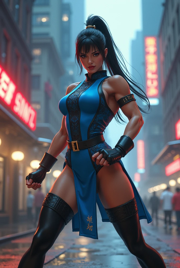 "(exquisitely detailed CG unity 8k wallpaper, masterpiece-quality with stunning realism), (best illumination, best shadow), (best quality), (elegant and demonic style:1.2), Arti modern anime. angled view, heroic pose, closeup full body portrait of stunningly beautiful mature Chunli from street fighter she has ((dark brown hair:1)), ((white laced boots:.5)), dynamic pose, (blue qipao dress:1), full body, stunning body, in a Chinese market at night with neon lights, coy flirty sexy cute expression, slim body, highly ornamented and detailed, brown sheer pantyhose, depth of field blur effect, night, full zoom, action portrait, photorealistic. cinematic lighting, highly detailed. best quality, 4k, Better hand, perfect anatomy, leaning forward, foreshortening effects, coy flirty sexy expression, foreshortening effect, (piercing eyes:0.8), surrounded by an ominous and dark atmosphere, accentuated by dramatic and striking lighting, imbued with a sense of surreal fantasy". (fight pose:1) ready to fight, wearing white laced military boots:1.5), (kicking pose:.4), (night time:1), (side angle view:.5)