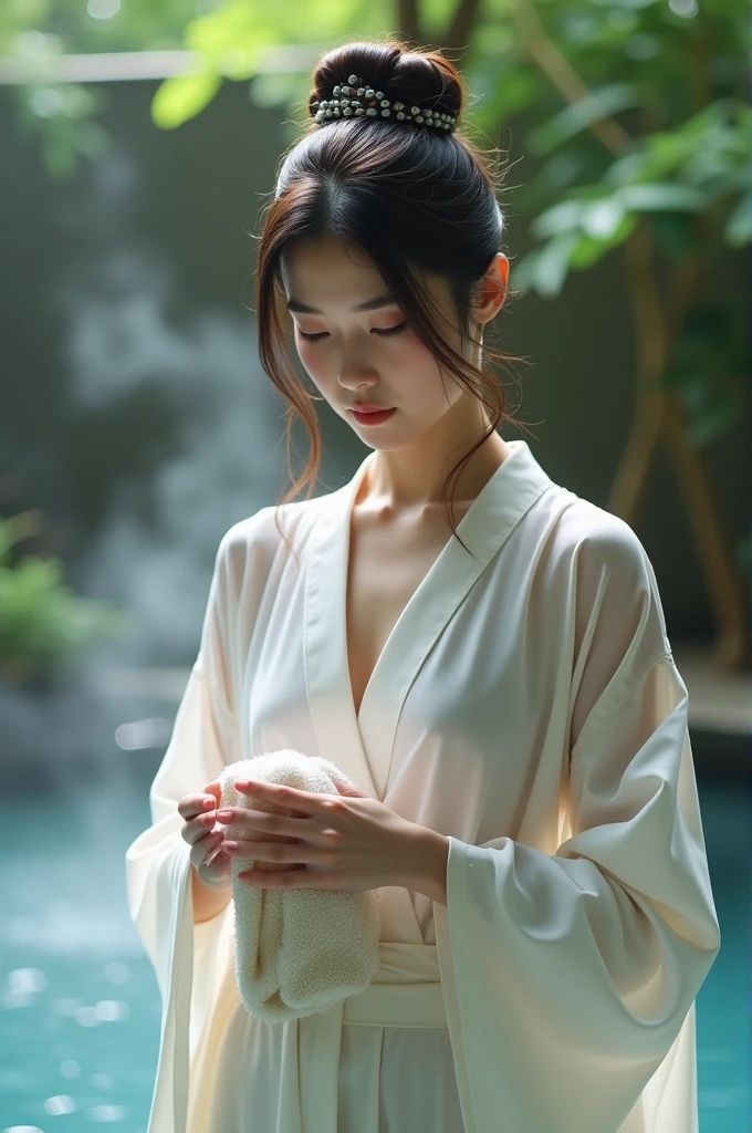 Best Quality, masuter piece, 超A high resolution, (Photorealistic:1.4), Raw photo, Professional Lighting, high-level image quality, high-detail, masterpiece、a 25 year old girl、White transparent yukata、hot onsen、Bathing、Staring at the viewer、You are seducing your audience、Soaking in the bathtub