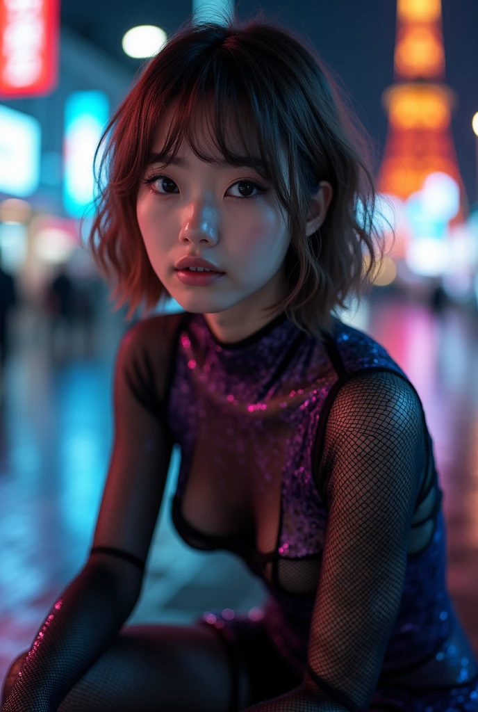 A beautiful European girl, on the roof of cyberpunk building, neon, serious face, wearing purple medieval dress, jewelry, cleavage, full body. She is 24 years old, has Split-Color Hair, blond hair, egyptian_bob_hairstyle and blue eyes. Her cloth is stylish and her overall appearance is stunning. The girl's face is extremely detailed with beautifully detailed lips. Her skin is anatomically correct with realistic textures. The image should have super high details and be of the best quality, with a resolution of 8K. The final result should be a masterpiece, showcasing the girl's beauty and the vibrant atmosphere of The neon cyberpunk city and the night