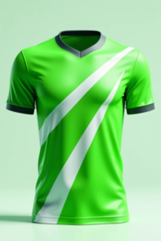 Design a football shirt with these features:
bottom: Clean and classic white.
diagonal stripe: Start at the left shoulder and descend to the right side of the waist.. The stripe has three colors in this order: celeste (On top), white (In the middle) and green (On the bottom).
Edge of sleeves and collar: Both are light blue, creando un contraste agradable con el fondo white.