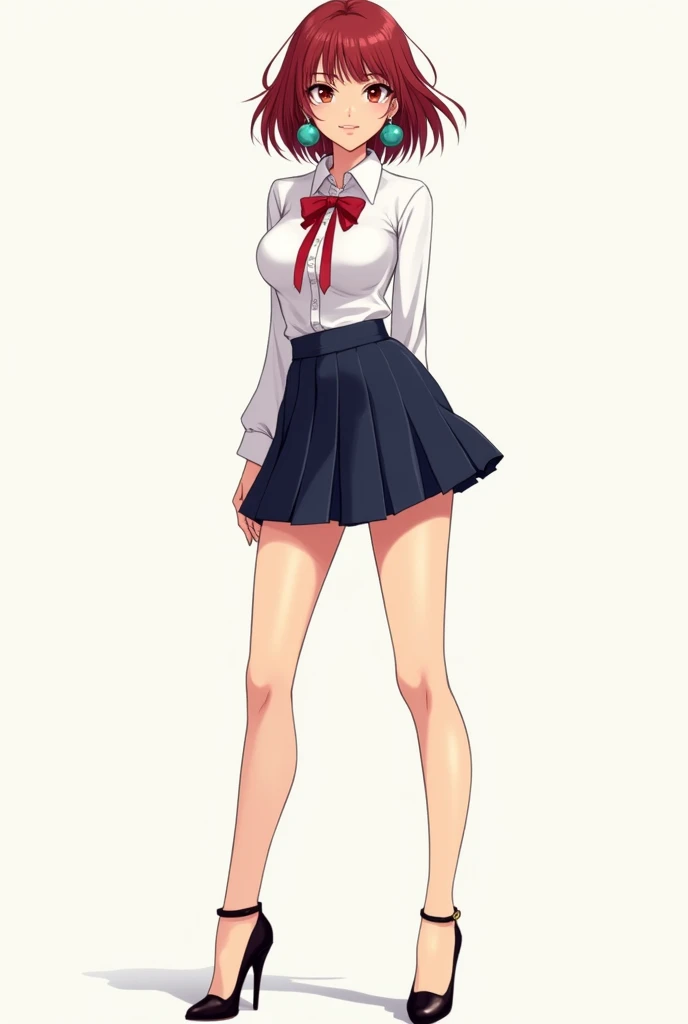 ((masterpiece)), (((Highest quality))), ((Character design sheet)), thin thighs, 1girl in sexy schoolgirl outfit, red plaid miniskirt, white blouse, short sleeve, black Mary Janes, white thigh highs, tight fit:1.5, large breasts, cleavage:2, blonde hair in high ponytail, glasses, smiling, butt exposure:2