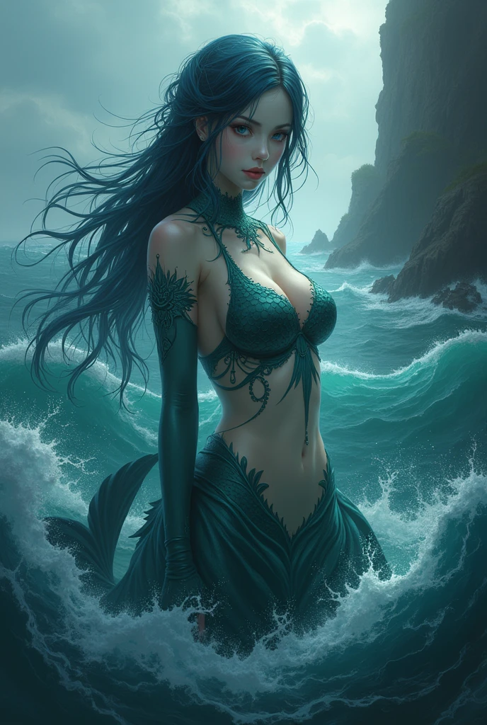 1girl, underwater, skeleton,corpse,Beneath the sea, where tendrils of coral and vines abound, a (mermaid) girl stares at you from amidst a pile of bones and skulls. Her eyes gleam with an eerie light.