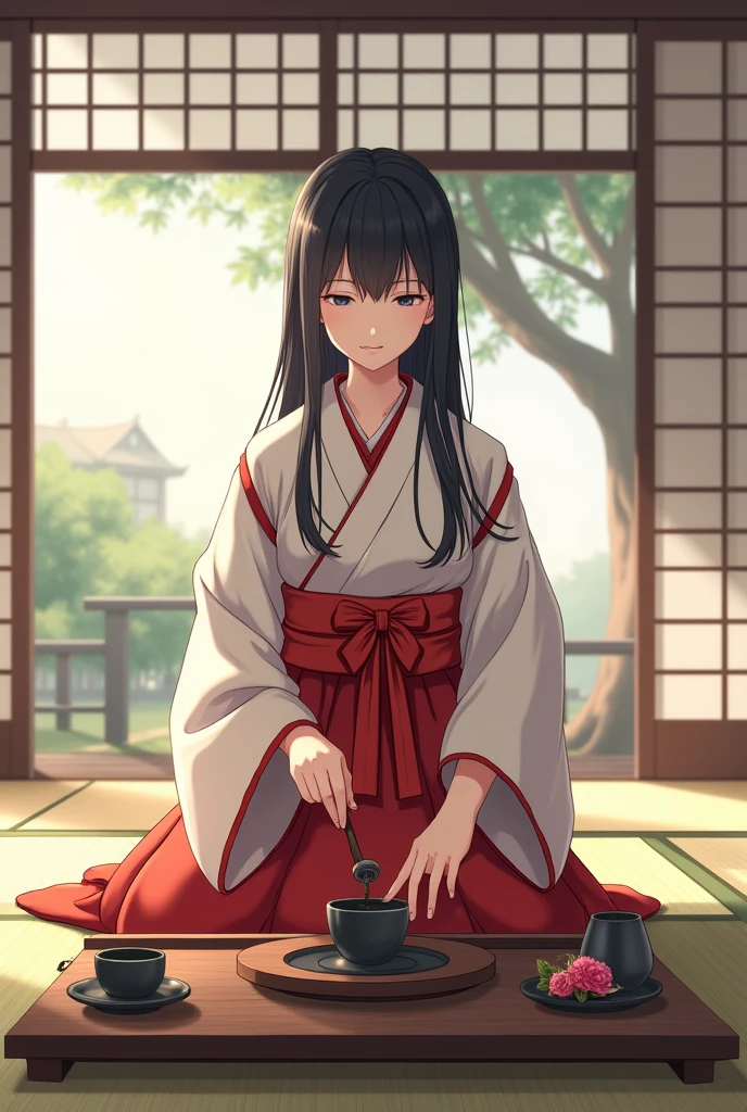 A girl dressed as a shrine maiden doing a tea ceremony in a tea room