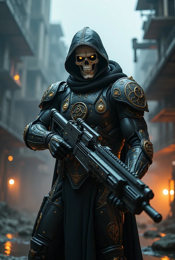 (extremely detailed CG unity 8k wallpaper), (masterpiece), (best quality:1.2), (highres), (illustration:1.1), (cinematic light:1.1), finely detailed, intricate details, (best illustration), 8k resolution, intricate details, best quality, realistic, ultra-detailed, best illumination, best shadow, ultra-HD, cryengine, ultra hd, (detailed reflection), detailed shadows, (((intricate details))), smooth, ((perfect shading)), high quality metal texture, metallic luster, highly detailed illustration, (semi realistic:1.6), (wide_shot:1.2), (from below, dutch_angle), dutch angle, ((cowboy shot)), (((1male:1.5))), (with sword), (((athletic male))), ((manly:1.5)), ((half-closed eyes)), (grey eyes), very detailed face, (((short slicked back hair:1.1))), ((black clothes)), ((high quality black tactical gear, black tactical vest)), clothes flapping with wind, (urban_tech-wear + black_gloves), (((hoodup))), (stalker \\(warframe\\), ((beautifully detailed metallic black skull mask)), ((intricate beautifully detailed jackal_skull_mask)), ((tactical vest + tactical gear)), (survival gear), black clothing, tall boots, (long black coat), (((wearing highly detailed torn black cloak))), perfect hands, archangel, demi-demon, complicated background, dynamic camera angle, blood rain behind, (warzone), (((high quality detailed ruins))), (depth of field), ((cinematic lighting)), ((horror)), ((dark fantasy)), lovecraftian, spot color, monotone, red, splashing blood, (best illumination), (hyper intricate details), ((ultra-detailed)), 4k unity, (extremely detailed CG:1.2), (8k:1.1), ((landscape view)), Artstation, ((by sui ishida, by Wenjun Lin, by stefan morrell)), dystopian art, apocalypse art, ((semi-realistic)), (realism), (dynamic), (nixeu_basic2:0.5),