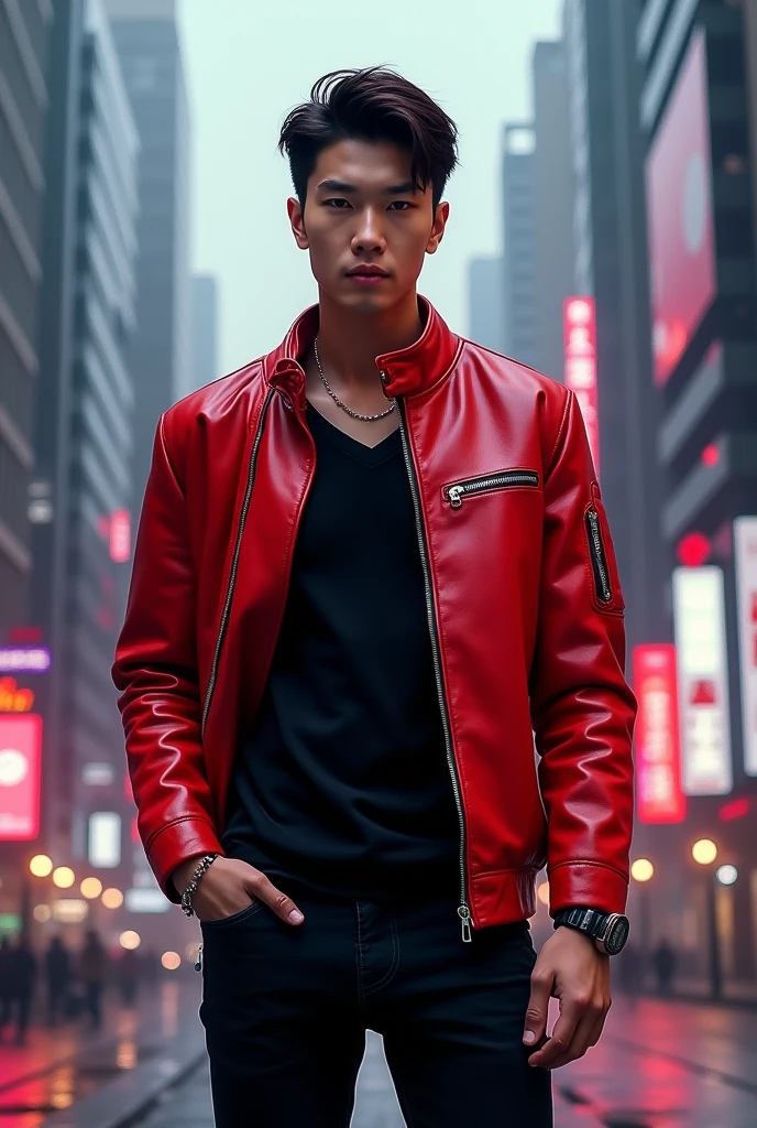 Kim Taehyung, exuding confidence, clad in a striking red leather jacket that gleams under the rain-soaked sky. The jacket is paired with sleek black leather pants, which perfectly complement the boldness of the jacket's hue. His glossy hair, reflecting the rain, adds an alluring touch to the scene, evoking the charm reminiscent of Tadashi Nakayama's distinctive style. With inspirations drawn from contemporary artists like Declan McKenna and Finn Wolfhard, the atmosphere is set aflame with Taehyung's captivating presence. elements surrounding him echo his persona, perhaps incorporating motifs from official BTS photos, allowing
