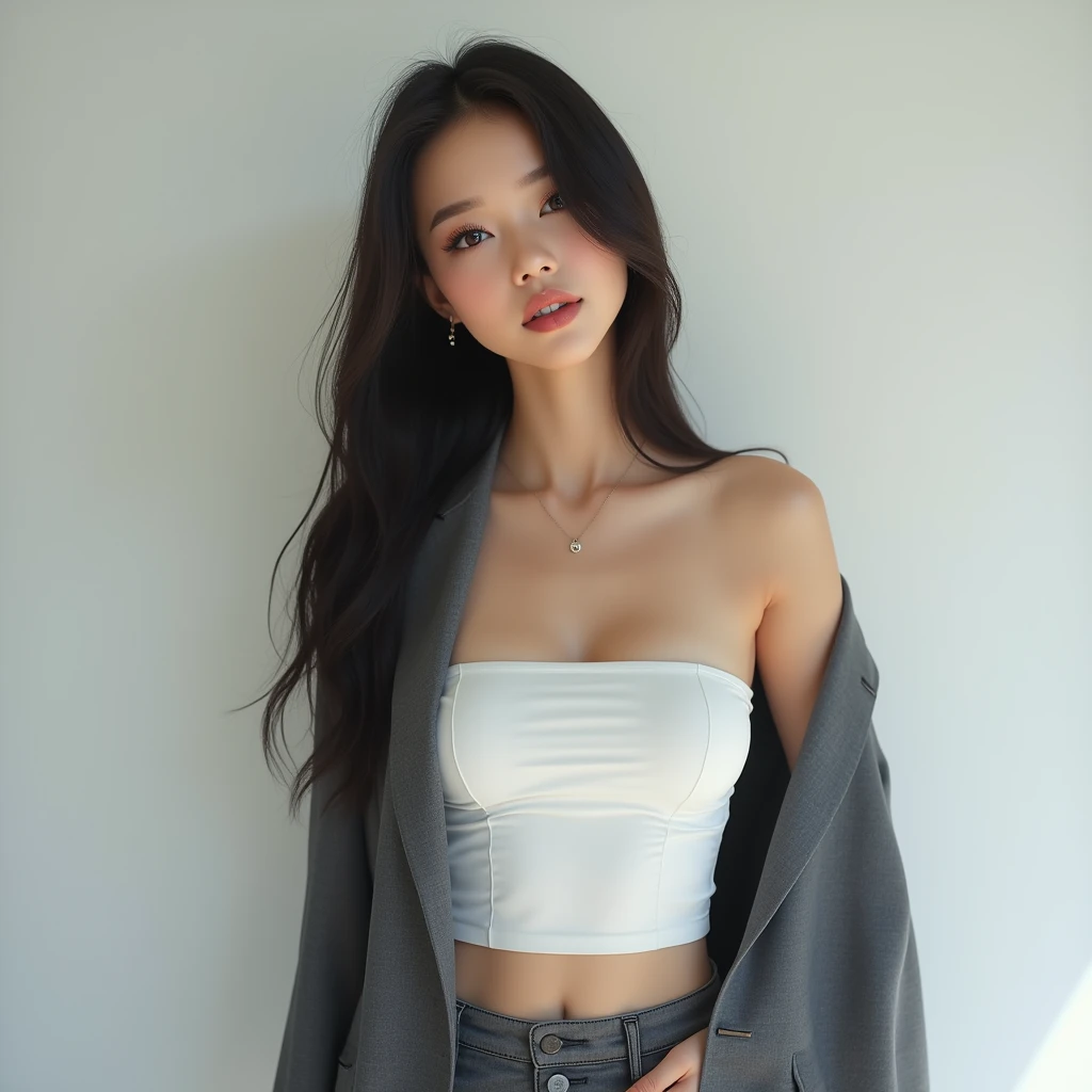 Asian Girl wearing a withe crop top with black jacket and blue narrow jeans