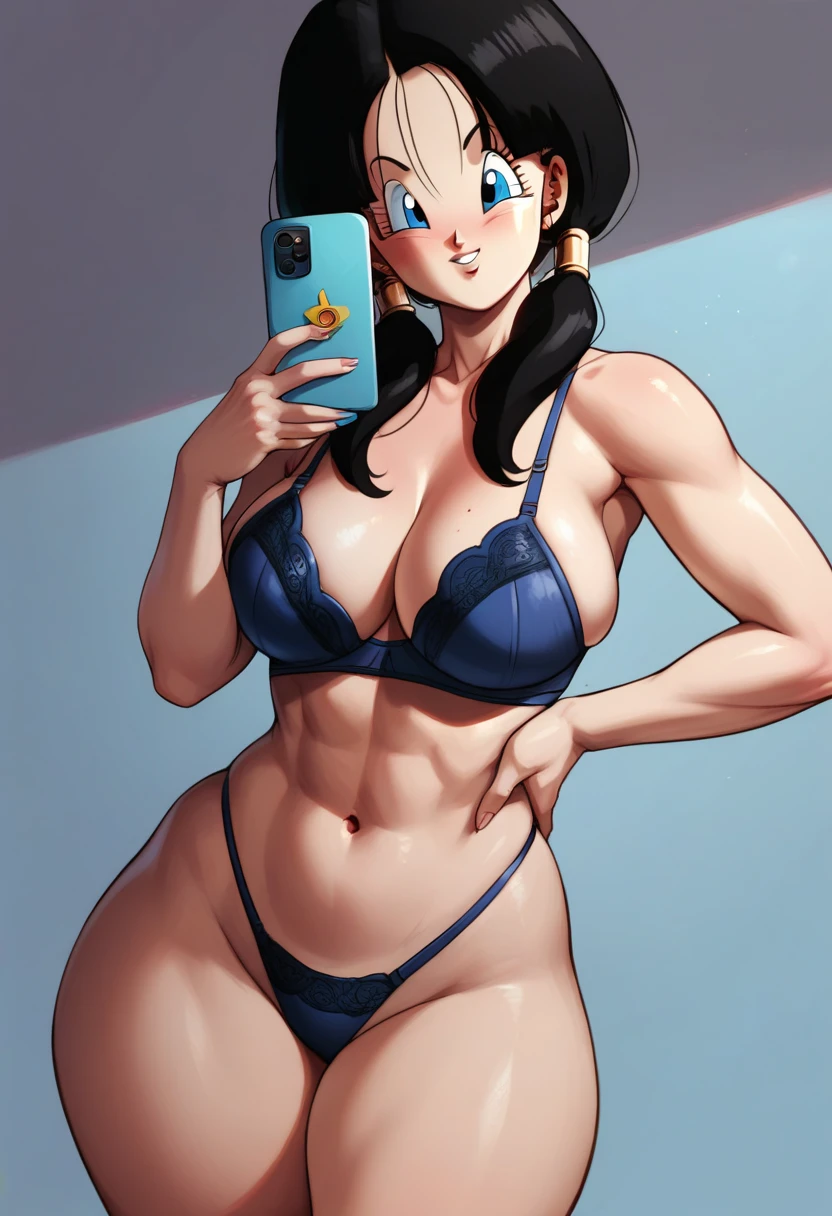 Vitel black hair with braid blue eyes medium large breasts healed abdomen thick thighs big black thighs floss panties and black Dragon Ball Z bra inside the bedroom taking sexy selfie