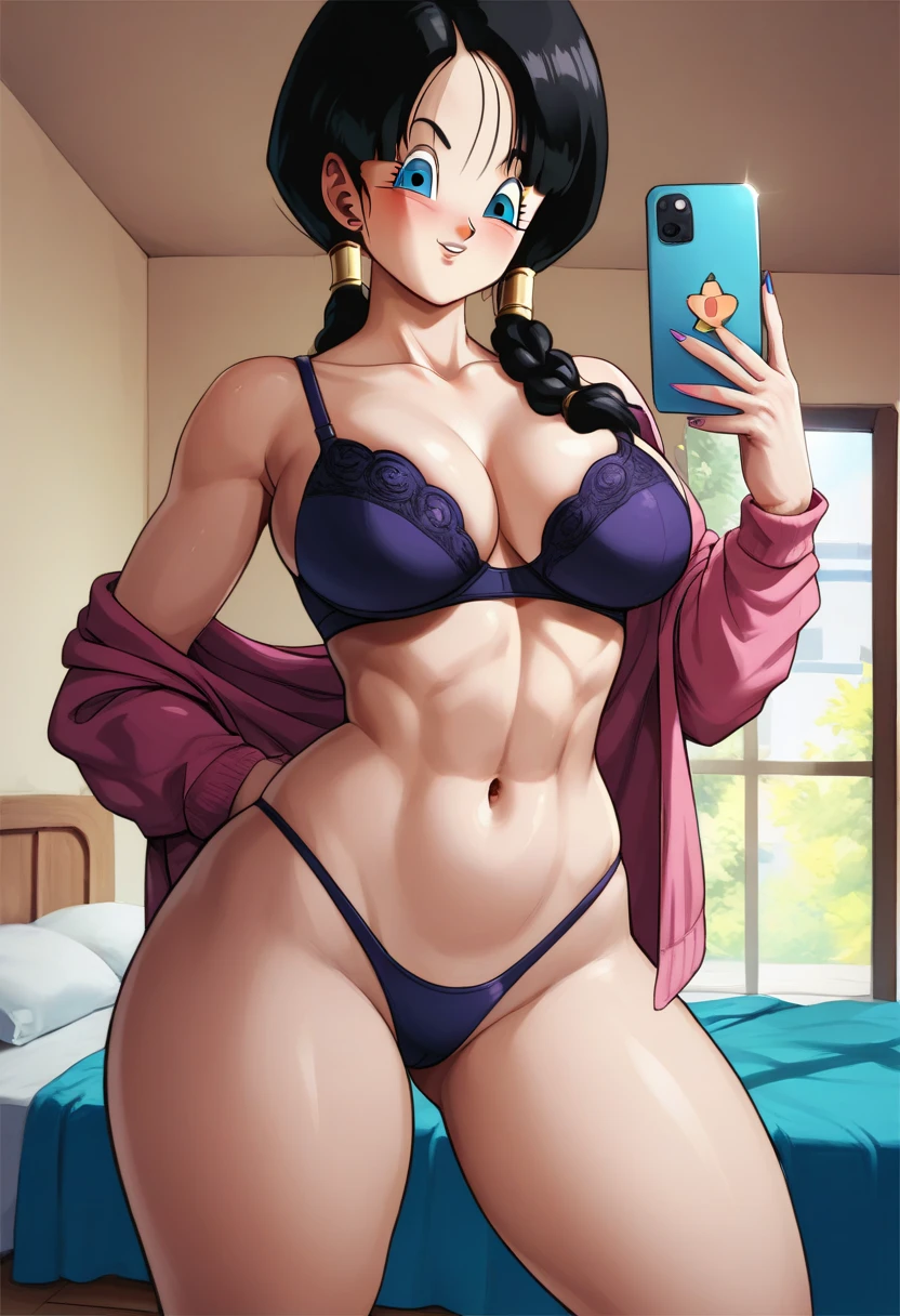 Vitel black hair with braid blue eyes medium large breasts healed abdomen thick thighs big black thighs floss panties and black Dragon Ball Z bra inside the bedroom taking sexy selfie