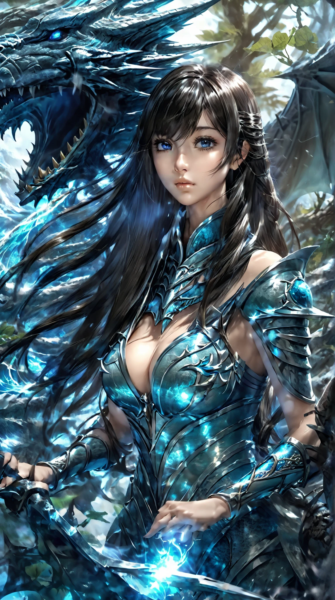 fantasy world，Sea of Trees，precise,illustration， Handsome， Ancient Dragon Knight Women，Bangs,  long hair , Big breasts， cleavage，  high detail, split lens, , 