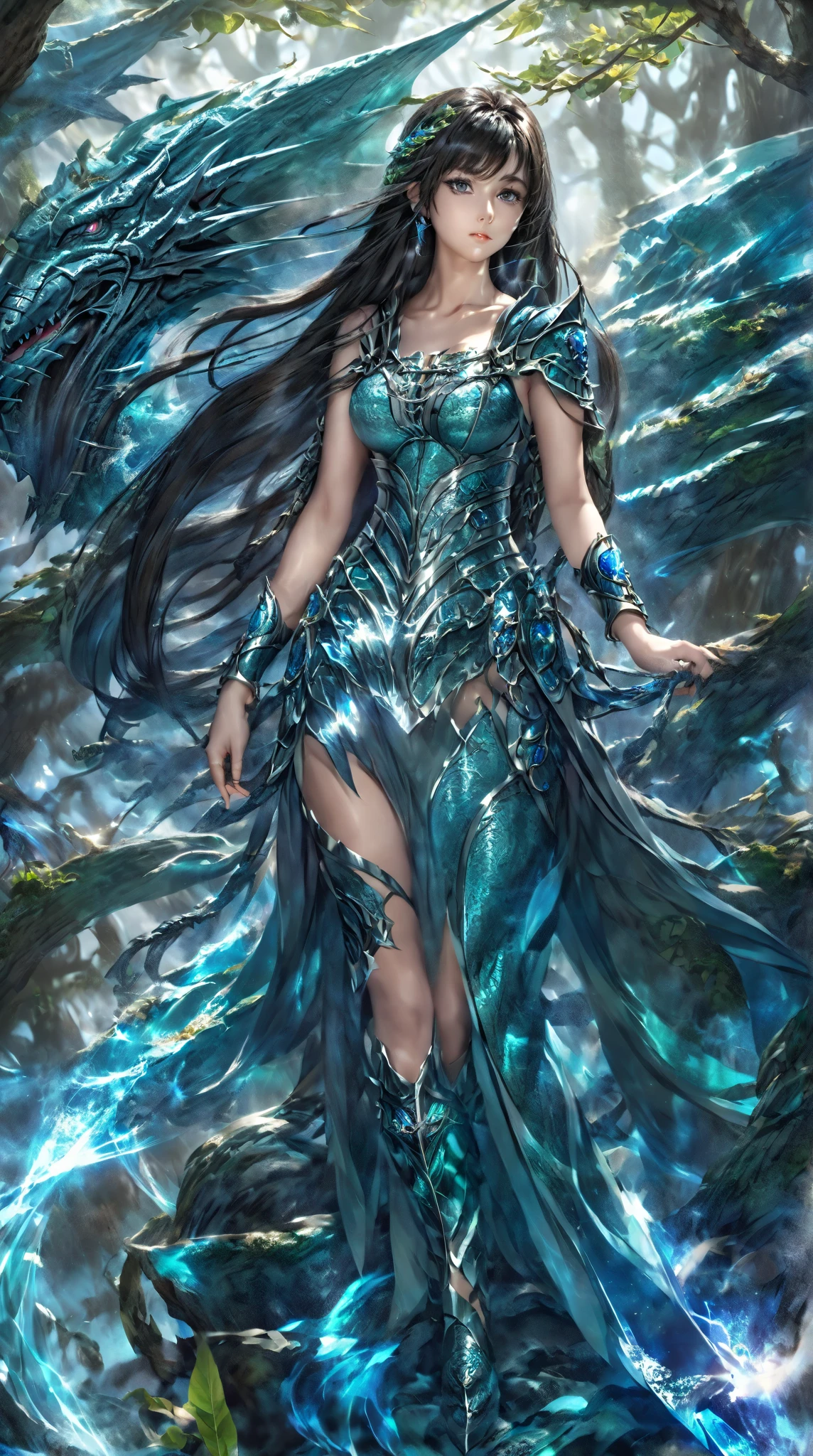 fantasy world，Sea of Trees，precise,illustration， Handsome， Ancient Dragon Knight Women，Bangs,  long hair , Big breasts， cleavage，  high detail, split lens, , 