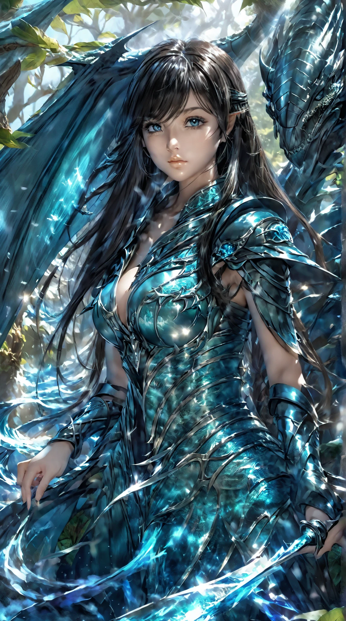 fantasy world，Sea of Trees，precise,illustration， Handsome， Ancient Dragon Knight Women，Bangs,  long hair , Big breasts， cleavage，  high detail, split lens, , 