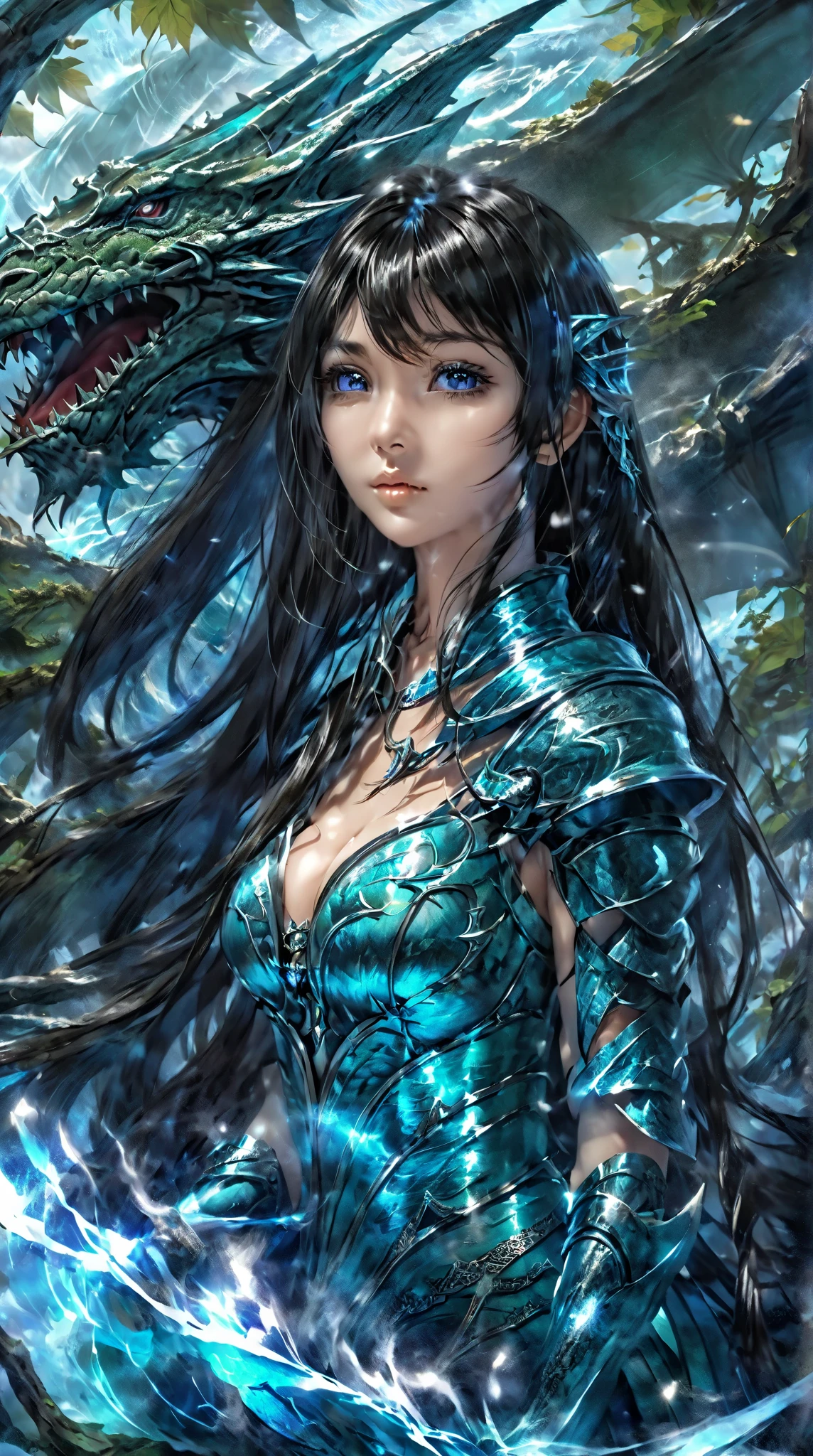 fantasy world，Sea of Trees，precise,illustration， Handsome， Ancient Dragon Knight Women，Bangs,  long hair , Big breasts， cleavage，  high detail, split lens, , 