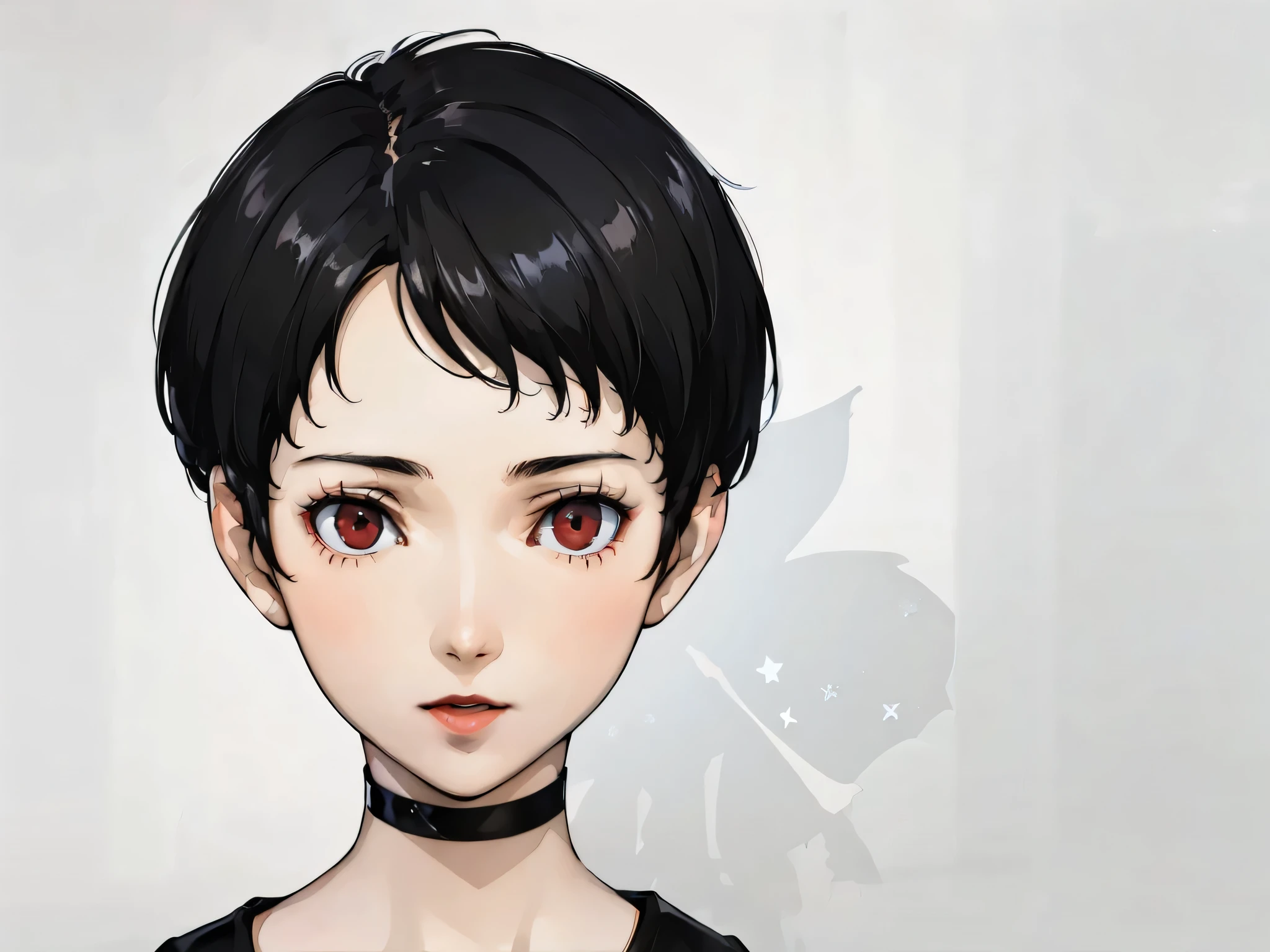 1 girl, very Short hair, tomboy Pixie haircut, black hair, bangs, red eyes, lipstick, black choker, face portrait, white shirt shigenori soejima style white background 