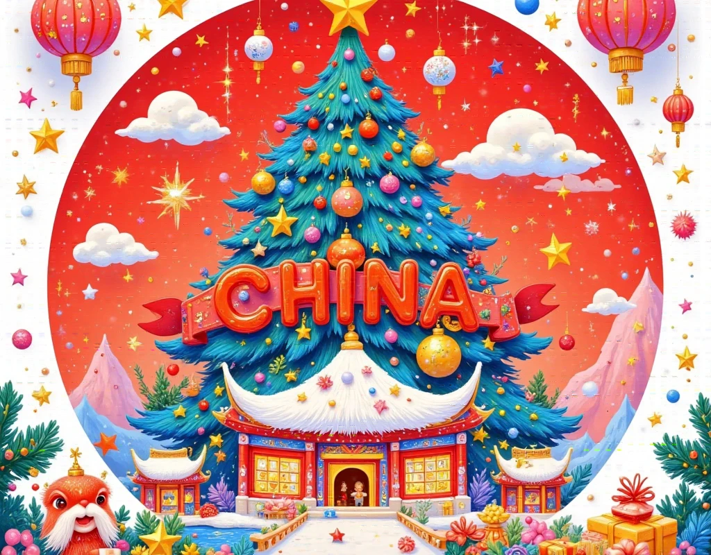 A poster with the word CHINA written on it, a red and gold gradient background, a huge Christmas tree in the background, a minimalist golden Chinese architectural design, fireworks effect, vector illustration style, flat composition, symmetrical layout, minimalist lines, high saturation, clear details, and golden clouds, rivers, mountains, bridges, lanterns, firecrackers, fireworks, lion dances, dragon dances, etc, exquisite details, delicate textures, exquisite colors, festive atmosphere, very festive atmosphere of the Chinese New Year.
