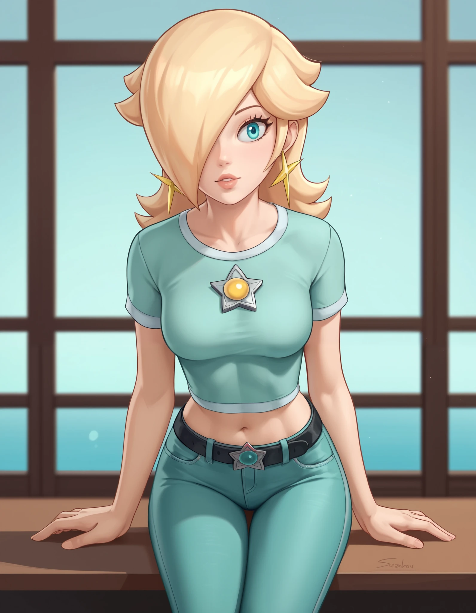 score_9, score_8_up, score_7_up, source_anime, rosalina, blonde hair, blue eyes, hair over one eye, long hair, star earrings, solo, cowboy shot, black t-shirt, taut clothes, tight shirt, midriff, navel, jeans, black belt, sitting, leaning forward, back view