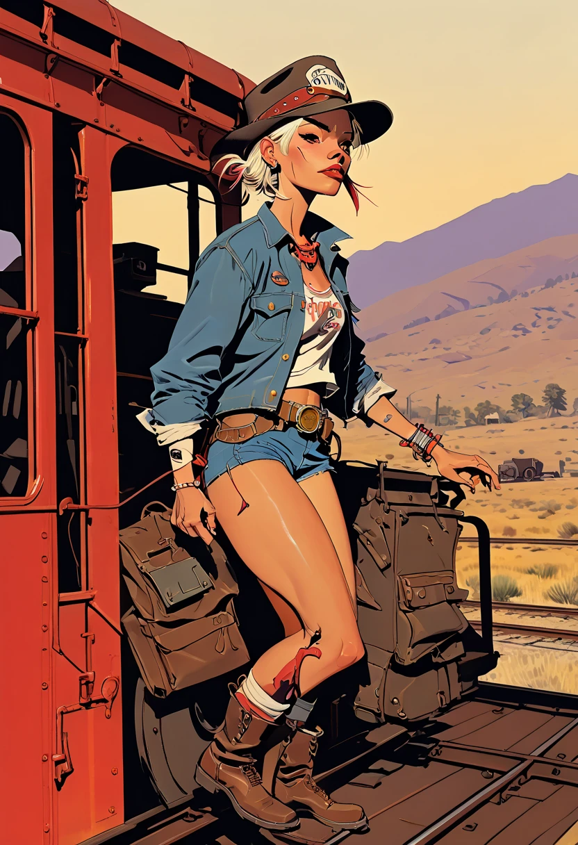 Tank Girl, riding the rear brakeman's end of the caboose, outfit distinct homage to cowboy sadcowgirl western, (jamie hewlett style reference), portrait, candid, expressive illustration, sense of movement and energy as the train rides through the sierra ranges, background the western plains in the distance, no light source, darkness, light mask uv rays across face, absurd, with rich color grading, cel shading, warm and unified colors, rotoscope, animated, minimal, precise,
