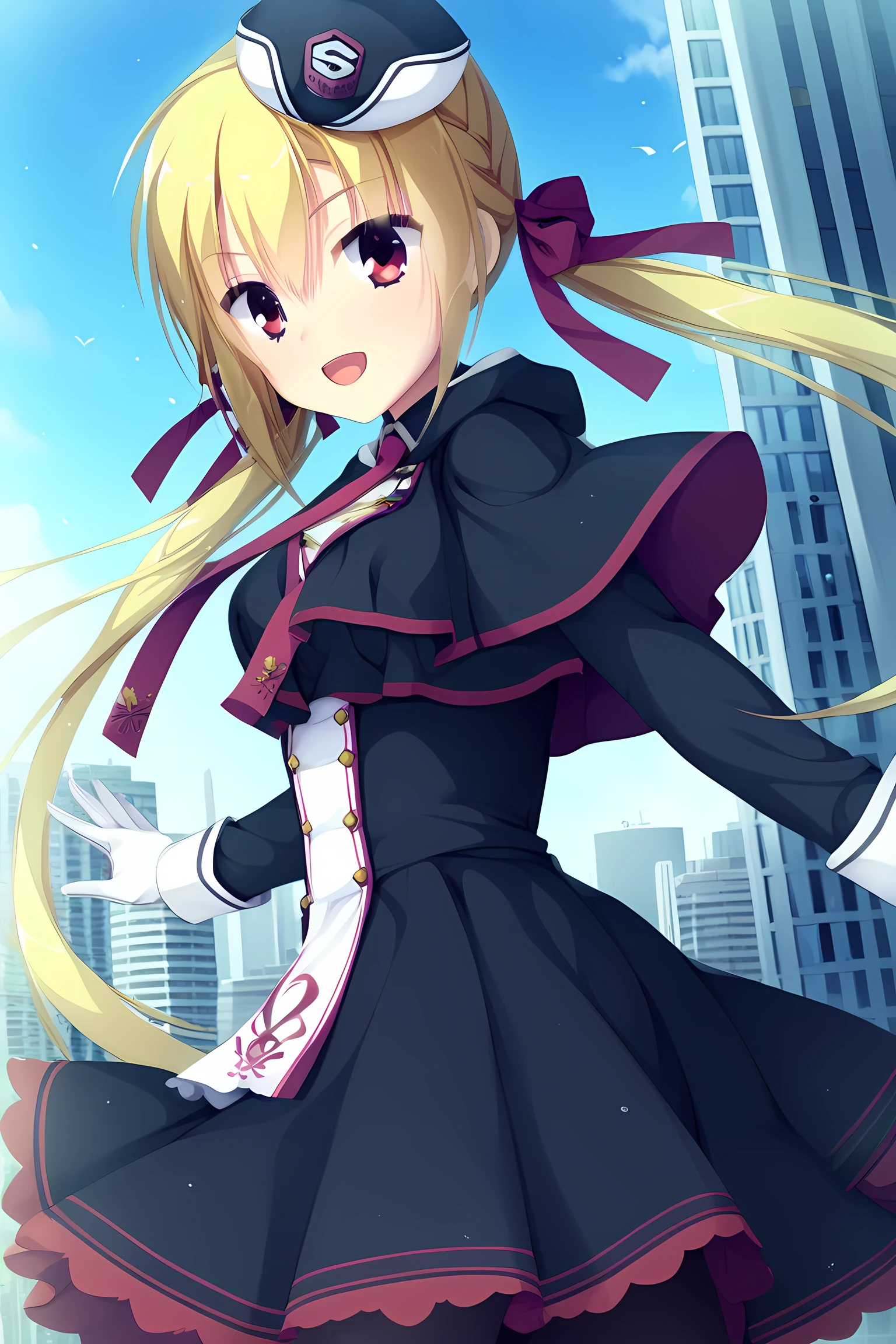 (score_9,score_8_up,score_7_up),source_anime,best quality,masterpiece,
1girl,solo,
city,outdoors,wind,smile,open mouth, looking at viewer,standing,spread arms, from behind,
arihara_nanami,yuzi-soft,blonde hair,long_hair,large breasts,red_eyes,hair_between_eyes,
arihara_nanami_astral_uniform,astral_uniform,twintails,low_twintails,ribbon,hair_ribbon,red_ribbon,hat,black_headwear,necktie,red_necktie,long_sleeves,dress,black_dress,short_dress,capelet,black_capelet,gloves,white_gloves,pantyhose,black_pantyhose,